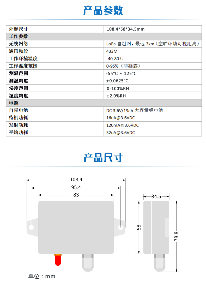 lora系列溫度/濕度采集模塊產品參數