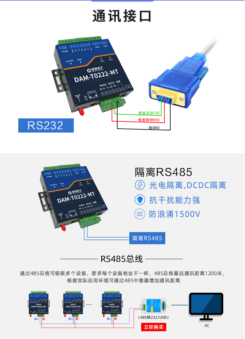 云平臺 DAM-T0222-MT 工業(yè)級數(shù)采控制器通訊接口