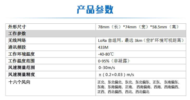 LORA風(fēng)速/風(fēng)向采集器 參數(shù)